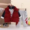 Conjunto de tres piezas para niño, forrado de polar para invierno: Sudadera y Chaleco Color Block, Conjunto Casual Trendy Estilo Coreano