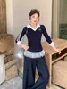 Camiseta de Manga Larga con Cuello Polo y Bloques de Color Rayados Atuendo de Principios de Otoño para Mujer Base Rayada Ajuste Delgado
