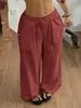 Pantalones anchos de pierna ancha, sueltos, con caída, de textura, con cordón elástico, estilo casual de vacaciones, para mujer, con bolsillos laterales, transfronterizos europeos y americanos