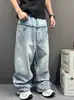 Jeans de Mezclilla Azules Azul Claro Retro Americano Lavado Desgastado Falsos de Dos Piezas Parches Dobladillo Crudo Pantalones Casuales para Hombre de Largo Completo