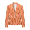 Novo Blazer Outono Feminino Estilo Francês Manga Longa Decote V Listrado Barra em A Slim Fit