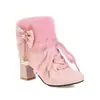 Botines con Cordones Delanteros Decorativos Talla Pequeña Botas de Mujer Florales Talla Grande Exterior Individual Tacón Grueso Botas de Mujer Cuello de Pelo Botas de Moda M-8