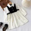 Novo Vestido de Primavera e Outono para Meninas, Vestido Patchwork com Laço Estilo Coreano, Vestido da Moda para Meninas Jovens, Transfronteiriço