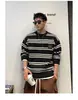 Suéter Rayado Negro Otoño e Invierno para Hombre Holgado Cuello Redondo Pulóver Estilo Japonés Marca de Moda Estilo Retro Perezoso Prenda Base de Punto