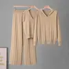 Conjunto de malha fashion estilo coreano para mulheres, nova coleção outono e inverno 2025, jaqueta, regata + calça wide leg de cintura alta conjunto de três peças