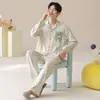 Pijama de Algodón Puro para Hombre, Manga Larga y Pantalón Largo, Nuevo Estilo Otoño, Cardigan con Cuello Solapa, Conjunto de Dos Piezas de Ropa de Casa Transfronteriza Transmitido en Vivo