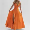 Roupas femininas transfronteiriças europeias e americanas novas de 2026: vestido longo, de alta qualidade, elegante, liso, que afina a cintura, de corte solto, com fenda