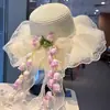 Sombrero de Paja con Adorno de Encaje Estilo Pastoral para Mujer, Sombrero de Playa Estilo Vacaciones de Verano en la Costa, Sombrero de Sol de Ala Ancha para Protección Solar al Aire Libre