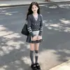 Conjunto de Otoño Estilo Universitario para Niñas: Conjunto de cárdigan de punto y falda plisada de dos piezas falsas, Vestido nuevo para niña