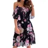 2022 Amazon Europa y Estados Unidos primavera y verano transfronterizo nuevo vestido sexy de gasa estampado para mujer hombros descubiertos en stock