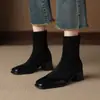 Botas sencillas y estilizadas de punta cuadrada con tacón grueso de 5 cm, elegantes botines elásticos de patchwork, gamuza mate, botas elásticas de lujo ligero para mujer