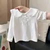 Camiseta Interior Básica de Manga Larga para Niña Primavera y Otoño con Adorno de Encaje, Moño y Detalle de Botón, Top Interior Suave Versátil