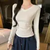 2602X Camiseta de Manga Larga con Cuello en V y Cintura Fruncida para Mujer Otoño/Invierno Estilo Coreano Moda Ajustada Favorecedora Versátil Top Básico de Algodón