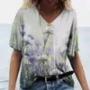 2026 Nuevo Estilo Europeo y Americano Camiseta de Manga Corta con Cuello en V Estampado 3D para Mujer Verano Patrón Floral Holgada Casual