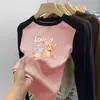 Camiseta térmica de manga larga cepillada para niñas, cuello redondo, otoño e invierno, con panel, para usar por dentro, estampado de dibujos animados, para niños de mediana y mayor edad