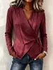 Top exclusivo transfronterizo de manga larga con cuello en V para mujer, con diseño cruzado, estilo europeo y americano, textura de algodón y lino, cintura ajustada y efecto adelgazante, adecuado para uso casual y de oficina
