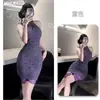 Qianai Cheongsam Chinês Renda na Cintura Alça no Pescoço Vestido Feminino Roxo Sexy Elegante Terno com Xale 690