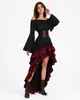 Falda Larga Pirata Retro Medieval de Halloween con Cintura Ceñida y Volantes de Capitán Vestido de Corte Conjunto de Tres Piezas