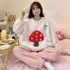 Pijamas Nuevos de Otoño e Invierno para Mujer, Franela Engrosada, Dulce Dibujo Animado Casual Pulóver de Manga Larga Terciopelo Coral Ropa de Casa para Mujer