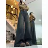 Calça Jeans Wide Leg Azul Escuro para Mulheres, Moda Petite Solta Emagrecedora Versátil Preguiçosa Comprimento Total Cintura Alta Reta