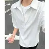 2026 Nova Camisa Masculina Simples de Gola Lapela Pulôver de Manga Curta com Design Texturizado de Manga Enrolada Solta Camisa Casual