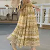 Nueva Falda Larga de Algodón Floral Vintage de Verano para Mujer, Falda Larga Línea A Adelgazante de Cintura Alta con Cintura Elástica para Bailar
