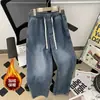 Estilosos e Artísticos, Estilo Preguiçoso Ins, Vibe Americana de Hong Kong, Calça de Outono em Jeans Desgastado, Marca da Moda de Inverno, Calça Longa Solta de Barra Reta, Forrada com Lã