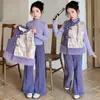Conjunto de Tres Piezas de Chaleco Estilo Chino Tang para Niñas Mayores, Nueva Moda Otoño e Invierno Año Nuevo Conjunto de Camiseta y Pantalones Base