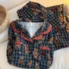 Pijama Feminino Estilo Retrô com Estampa de Urso Xadrez, Conjunto de Cardigan com Renda de Manga Longa e Calça Longa para Primavera e Outono, Roupa de Casa Casual