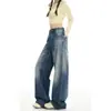 Jeans Vintage Lavado Bordado de Perna Larga para Mulheres, Verão 2026 Finos Estilo Americano Preguiçoso Soltos Emagrecedores Retos