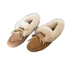 Estufa Cálida de Invierno~Ropa Exterior Perezosa Suave Zapatos de Frijol Nuevo Estilo para Mujer Lazo Cuero Mate Fondo Plano Mocasines de Piel