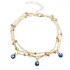 Moda Europeia e Americana Tornozeleira de Clipe Dupla Camada com Contas de Ouro Cobre e Contas Bolinha para Mulheres Simples Elegante Estilo de Empilhamento para Praia Joia para Pé