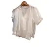 Blusa Corta Jacquard de Algodón para Mujer Verano 2026, Dulce y Linda, Cuello en V, Manga Corta, Volantes 483881