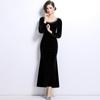 Vestido de noite elegante estilo Hepburn, preto, de veludo francês, estilo rabo de peixe, vintage, resistente, cravejado de diamantes, slim fit, manga comprida