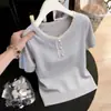 Top de punto fino con mangas cortas, encaje que cubre la barriga y seda helada, para mujer, camiseta delgada y elegante para primavera-verano 2026, holgado y rejuvenecedor