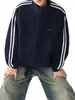 Sudadera con capucha y cremallera a rayas bordada de marca trendy americana estilo universitario para hombre, para pareja, cuello alto, casual, versátil, chaqueta deportiva