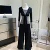Conjunto de Moda Falso Dos Piezas Camiseta de Manga Larga/Tejido de Aire Pantalones de Punto de Cintura Ancha Traje de Pantalón Casual para Mujer