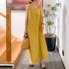 Vestido elegante sin mangas con cuello redondo y bolsillos sueltos de algodón y lino de estilo sencillo con tirantes largos de estilo europeo y americano para mujer