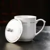 Taza de Té de Cerámica para Hotel con Tapa, Taza con Borde Dorado Jingdezhen para Reuniones de Oficina, Taza de Té para el Hogar, Taza para Recepción de Hotel