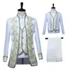 Traje formal para hombre de estilo europeo con ribete dorado, atuendo de corte, conjunto de tres piezas con chaleco para hombre, vestuario de estudio, atuendo de escenario de ópera en blanco y negro
