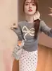 Top de Punto Plisado con Lazo Estilo Chanel para Mujer, Estilo Puro Deseo de Principios de Primavera, Top Corto de Punto Ajustado