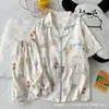 Cardigã de Algodão Nuvem de Verão com Gola Lapela, Estilo Doce e Menina, Pijama Popular de Desenho Animado, Shorts de Manga Curta, Conjunto de Roupa de Casa Feminina
