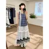 Conjunto de Verano Estilo Resort Francés con Conjunto Completo de Chaleco a Cuadros sin Mangas, Bufanda, Falda de Puntos y Conjunto de Falda para Mujer