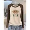 Nueva camiseta de manga larga raglán con bloques de color para otoño para mujer, moderna, versátil, de alta gama, corte ajustado y adelgazante, top de algodón puro, capa base