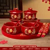Tazas de Té para Brindis de Boda, Tazas y Cuencos de Pareja Dragón y Fénix, Juego de Cuenco y Palillos de Boda, Juego de Té Rojo para Novios