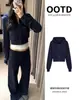 Sudadera corta azul marino entallada para mujer, nuevo estilo coreano 2026, cárdigan con capucha, hombro normal, top ajustado