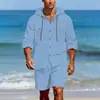 Novo Conjunto de Moda Casual Masculino com Camisas Casuais de Linho de Manga Longa e Bermudas Casuais de Linho de Cinco Pontos