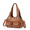 Bolso de hombro transfronterizo multibolsillos, bolso tote estilo motocicleta retro, bolso cruzado de cuero suave lavado de gran capacidad, bolso de mujer personalizado