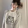 Camiseta de Manga Larga con Estampado Divertido de Gatito, Puntadas de Color Contrastante, Cuello Redondo para Mujer 2025 Nueva Moda Versátil Top Casual Ins