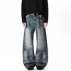 Lavagem tipo bigode de gato de rua estilo americano, jeans de perna larga desgastados para homens, calças compridas retas largas da moda retrô de outono